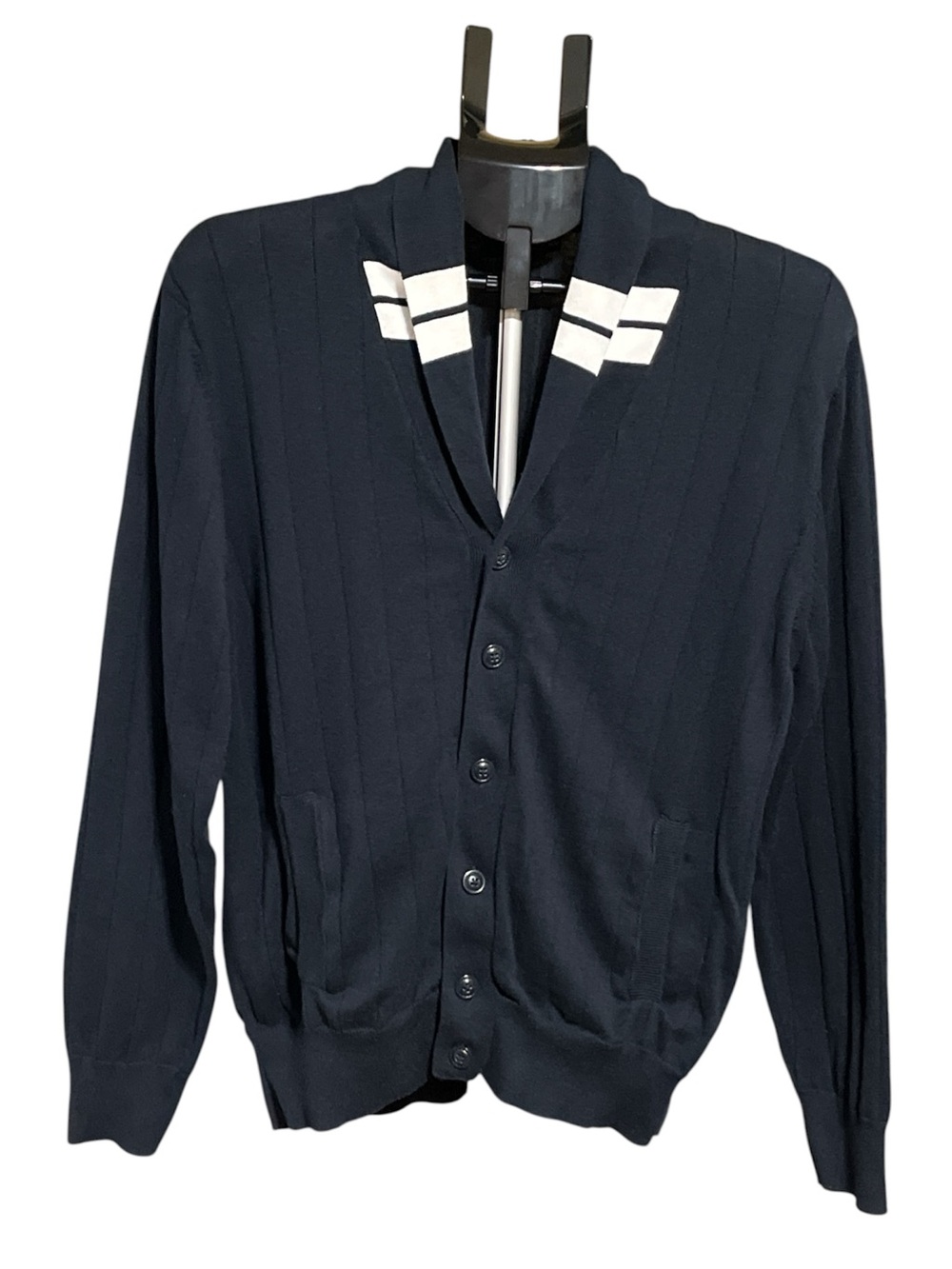 LINCS  DC & Co Navy Blue Shawl Collar Ribbed Knit Cardigan